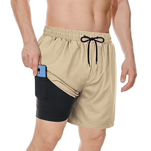 Men's Swimsuit Trunks 7 Inch Inseam Beach Shorts with Pockets Mens Swimming Trunks Deep Khaki XL