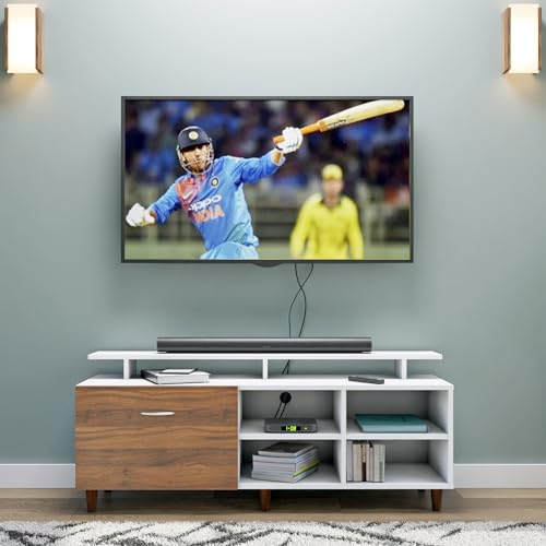 Image of VIKI Modern TV Unit for Living Room | Engineered Wood TV Cabinet with 1 Drawer Storage, 2 Open Shelves & Extension, Entertainment Unit, 140W x 48H x 40D cm | DIY | 1 Year Warranty (White & Walnut)