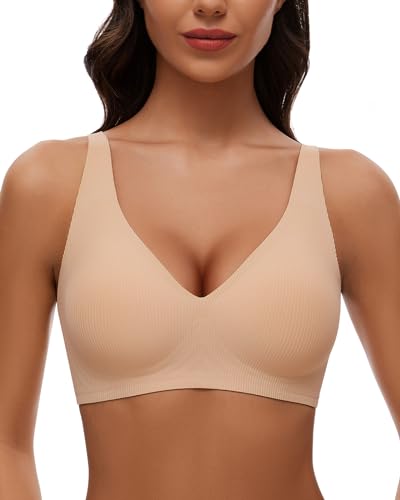 WOWENY Wireless Bras for Women No Underwire Full Coverage Seamless Push Up Bra Comfort Deep V Bralettes with Support