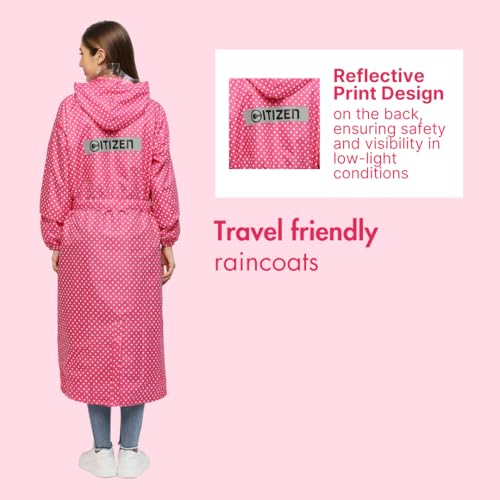 Image of Citizen Polyester Reversible Casual Style Raincoat For Women With Inbuilt Hood,Waist Belt & Matching Carry Pouch|Stylish Polka Dot Design|Durable & Lightweight Rainsuit With High Tearing Strength