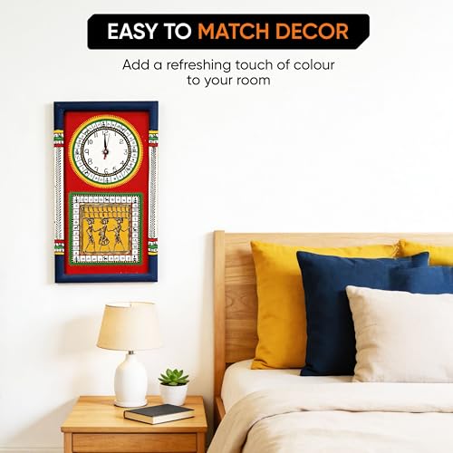 Image of AAKRITI ART CREATIONS Wall Clock Handcrafted Warli Art Red Dial with Glass Frame Blue, Red | Wall Clock for Home, Home Decoration | Lightweight Wooden wall Decor | Matte Finish