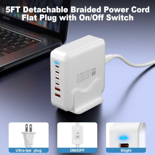 USB C Fast Charger Block, 120W 6-Port Charging Station GaN Hub Adapter, USB C Wall Multi Charger Power Strip Plug with On/Off Switch for iPad iPhone 17 16 15 14 13 12 Pro Max Galaxy S23 (White) — view 3