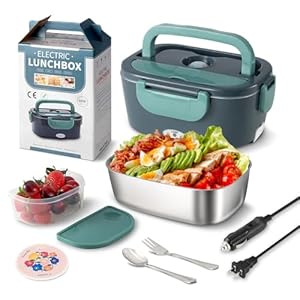 CHUYIREN Electric Lunch Box Food Heater 60W, 3 in 1 Fast Portable Heated Lunch Box for Car Truck Home Office, 12V 24V 110V Food Warmer Lunch Box Removable Stainless Steel Container 1.5L & Utensils