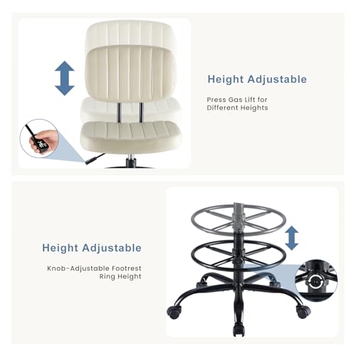 Image of DUMOS Armless Drafting Chair, Low Back Office Seat with Adjustable Footrest Ring for Standing Desk, Ergonomic PU Leather Office Seating, Swivel Rolling High Stool for Studio, Lab, Counter, Beige