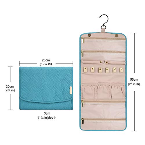 BAGSMART Travel Hanging Jewelry Organizer Case Foldable Jewelry Roll with Hanger for Journey Rings, Necklaces, Bracelets, Earrings, Teal - Thumbnail 5