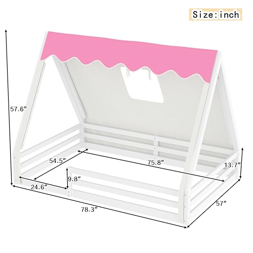 Image of CZBZ Full Size House Floor Bed with Canopy Tent and LED Lights, Wood Teepee Montessori Floor Beds Frame with Guardrails for Kids, Playhouse Design for Safe Sleep & Imaginative Play