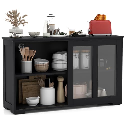 Giantex Kitchen Storage Sideboard, Buffet Storage Cabinet w/Adjustable Shelf, Dining Buffet Server Cabinet Cupboard with Glass Sliding Door Panels, Wooden Console Table for Home Kitchen (Black)