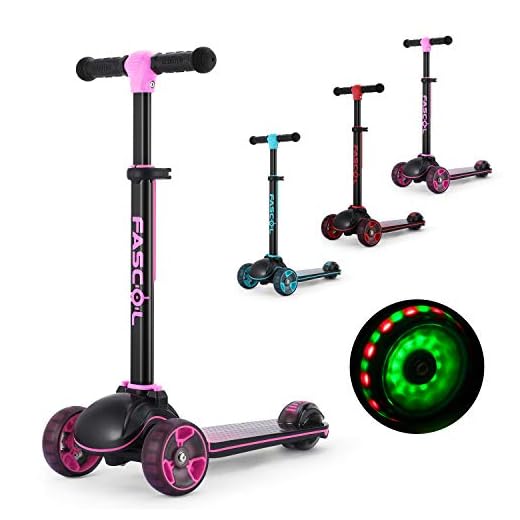 FASCOL Patinete de Tres Ruedas para Niños de 3 a 12 Años, Luces LED, Scooter Plegable y Barra Ajustable en T, Carga Máxima 50 kg