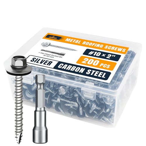 Image of ALBO 200 Pcs #10 x 2 Silver Ruspert-Coated Metal Roof Screws, EPDM Washers | High-Low Threads Help Prevent Loosening, Leak-Resistant Seal, Sharp Point Helps Skip Pilot Holes, Hex Bit Included