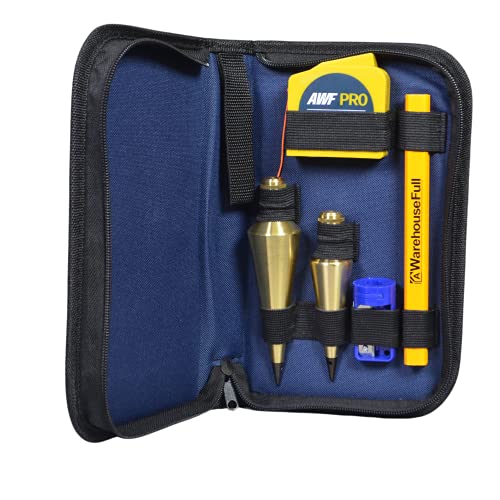 AWF PRO Plumb Bob Kit - 16 oz and 8 oz Solid Brass Plumb Bobs 14 ft Retractable Line Reel with Magnetic Base 2 Pencils Pencil Sharpener Carrying Case