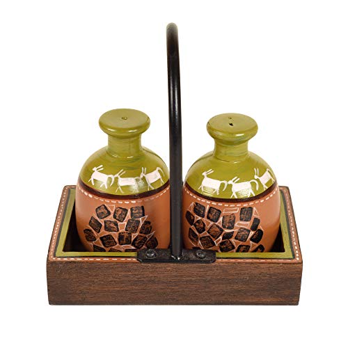Image of Aakriti Art Creations Asmi Earthen Salt & Pepper Shaker Set with Wooden Tray | Handcrafted Abstract Art Ceramic Dispenser Set | Dining Table Salt Pepper Set | Kitchen Decoration Items Stylish