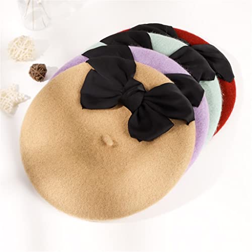 Tjlss Wool Beret Women's Autumn And Winter Woolen Knitted Hat Solid Color Big Bow Hat Children (Color : C, Size : 56-58Cm) #TOP1