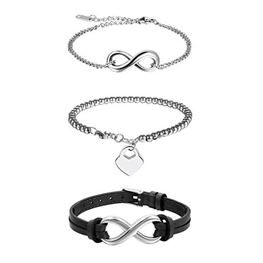 Cupimatch 3 st damer män armband, rostfritt stål läder Infinity oändlighet kärlek tecken & hjärta boll pärlkedja armband armband för kvinnor, svart silver