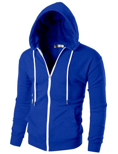 Ohoo Men's Zip Up Hoodie Lightweight Slim Fit Sweatshirt Full Zip Hooded Jacket / DCF002-BLUE-L