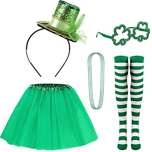 Hicarer 7 Pcs St Patrick's Day Costume Accessories for Women Include Shamrock Tutu Skirt Hat Headband Beaded Necklace Glasses