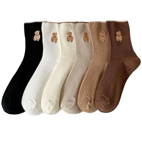 6 Pair Womens Cute Cotton Socks Funny Bear Japanese Casual Athletic Ankle Crew Socks For Women