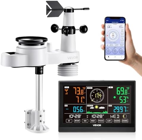 VEVOR 5-in-1-WLAN-Wetterstation, 7,5-Zoll-VA-Display, solarbetriebener Außensensor, Wettercenter zur Wettervorhersage, Windgeschwindigkeit, Windrichtung, Temperatur, Luftfeuchtigke