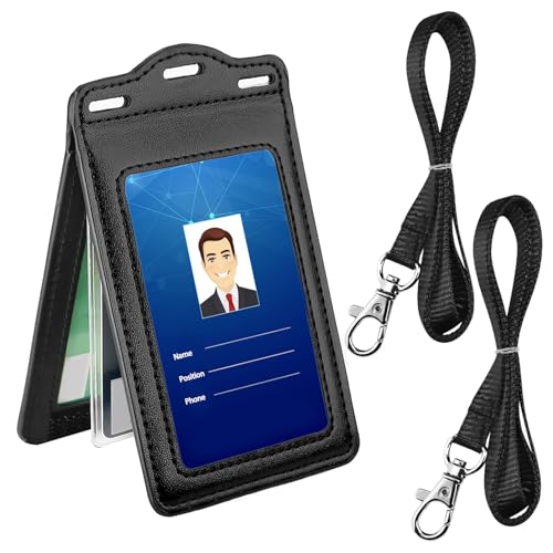Leather ID Card Holder, Badge Holder Work Lanyard Trifold Design Fits 1-6 Cards Heavy Duty Multifunction for Nurse Teacher School Office Law Enforcement Access Card Display (with 2 Straps)
