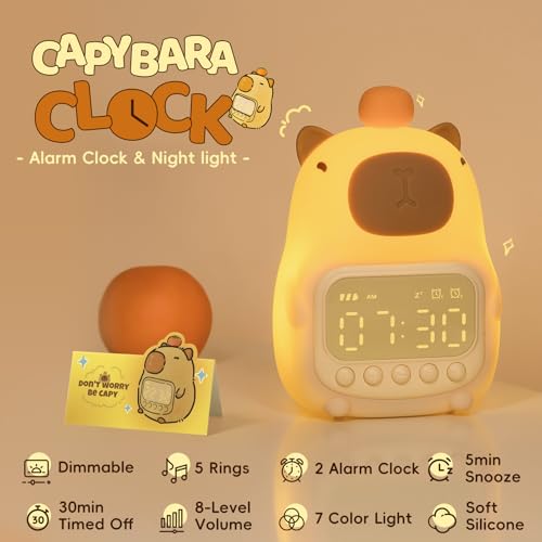 Image of Capybara Alarm Clock with Night Light for Kids, Cute Toddler Alarm Clocks for Bedrooms Ok to Wake Clocks for Girls and Boys, Silicone Animal Tabletop Lamp for Kid, RGB Color