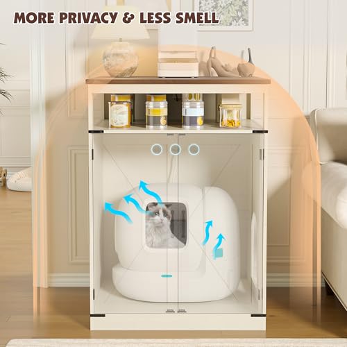 Halitaa Large Litter Box Furniture with Charging Station and Shelves, Wooden Cat Litter Box Enclosure for Self-Cleaning Litter Boxes, White
