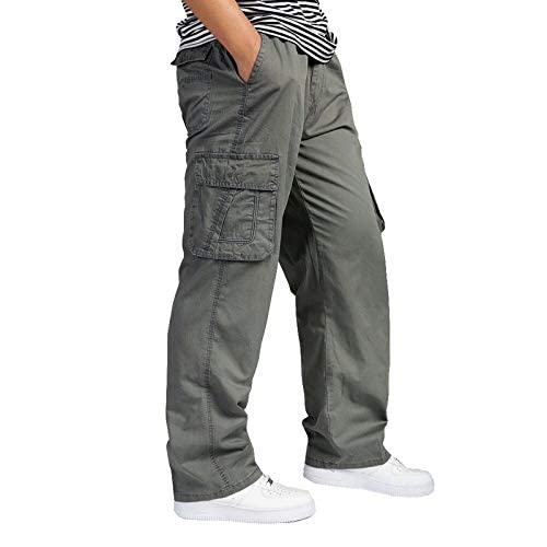 Image of REOUTLOOK Men's Regular‑Fit Cotton Cargo Pants - Elastic Drawstring Waist, 5 Pockets, Breathable Everyday Casual Trousers