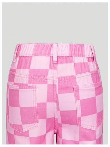 WDIRARA Girl's Checkered Straight Leg Baggy Jeans Elastic High Waist Denim Pants4