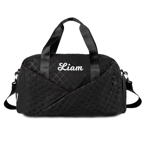 Quilted Duffle Bag for Women Girls - 30L, Personalized Weekender Overnight Bag with Shoe Compartment & Wet Pocket - Carry On Gym Bag with Name, Custom Gifts for Bridesmaid Mother (Black)