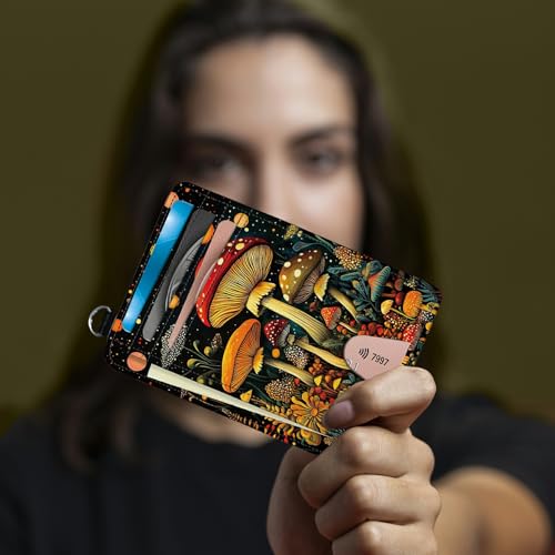 Image of Small Travel Wallets, Magic Colorful Mushrooms Slim Minimalist Front Pocket Wallet with Wristlet, RFID Blocking PU Leather Credit Card Holder with ID Window Change Purse for Men Women