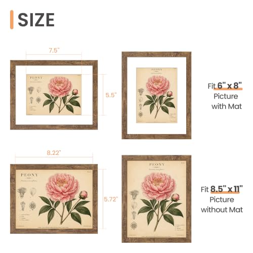 Image of upsimples 8.5 By 11 Picture Frame, Display Pictures 6x8 with Mat or 8.5 x 11 Without, Wall Hanging Photo Frames, Rustic Brown, 1 Pack