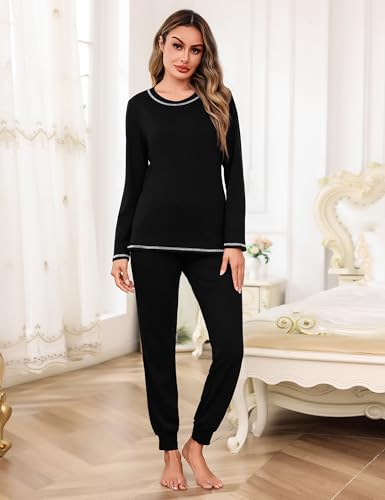 Aseniza Pijama Mujer Invierno Algodón Conjunto de Pijamas Largo Manga 2 Piezas Larga Ropa de Dormir Tallas Grandes Suave y Cómodo Negro, L - imagen 3
