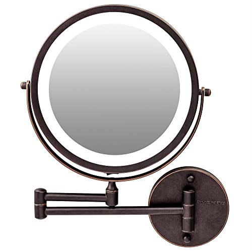 Image of OVENTE 9 inch Wall Mounted Lighted Makeup Mirror, Antique Bronze MFW85ABZ1X7X | Cordless Double Sided 1X /7X Magnifying Mirror for Bathroom with LED Lights, 360 Rotation, Extendable Arm, Battery Operated