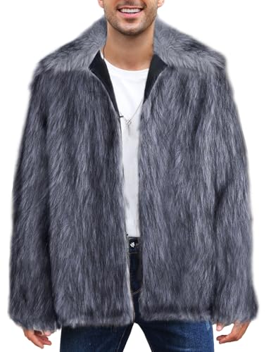 Flygo Mens Faux Fur Coat Winter Jackets Fluffy Lapel Long Sleeve Furry Fur Jacket Coats Thick Outerwear(Grey-L)