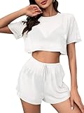 Milumia Women's Drop Sleeve 2 Piece Mesh outfit Crop Top and Shorts Lounge Set White Small
