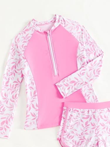 Image of SEGT Girl's Floral Long Sleeve Rash Guard with Bikini Bottom 2 Piece Swimsuit Set