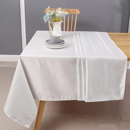 Majestic Giftware Polyester Tablecloths for Rectangle Tables | (70/144) - TC1335 Jacquard Desert White Silver Print Hem Stitch Dining Table Cover | Decorative Washable Tablecloth for Kitchen, Dining