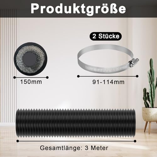 Abluftschlauch 150mm Alu Flexrohr Länge 3,0 Meter PVC Alurohr Lüftungsschlauch Schlauch mit 2 Stahlreifen Klimaanlage Schlauch Abluftschlauch Klimagerät für Klimaanlagen Wäschetrockner Abzugshaube