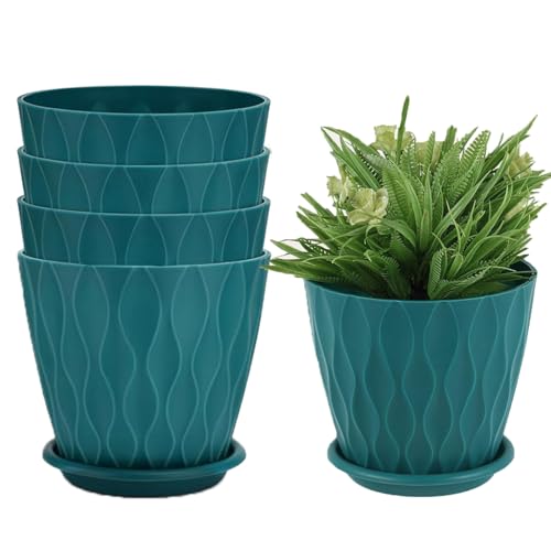 Zinaroty Paquete de 5 Macetas de Plástico, Macetas Modernas de 15cm con Agujeros de Drenaje y Platillo para Plantas de Interior y Exterior (Azul)