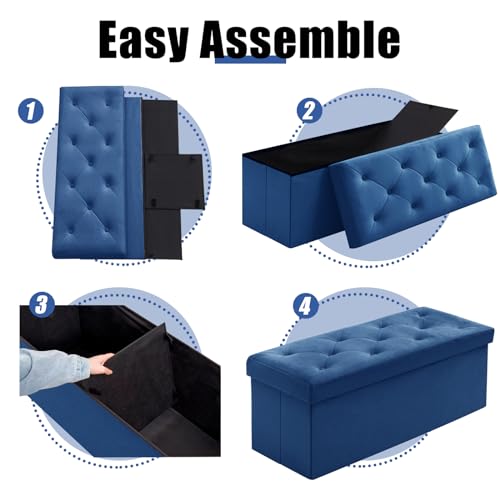BRIAN & DANY 43 Inches Folding Storage Ottoman Bench, Velvet Ottoman with Storage for Living Room, Long Shoes Bench,Flannelette Footrest Benches Seat (Blue)