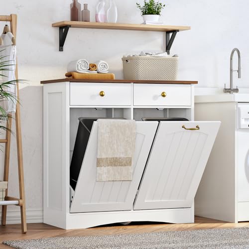 HOOBRO Double Tilt Out Trash Can Cabinet, Hidden Trash Bin Storage with 2 Drawers, Freestanding Kitchen Island Cabinet, for Kitchen, Laundry Room, White and Walnut WH22LJ01US - Thumbnail 4