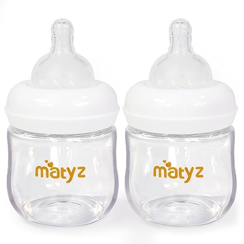 Image of Matyz 2-Pack Glass Baby Breastfeeding Bottles With Caps (White, 4Oz) - Wide Neck New Born Bottles For Baby Breastfeeding - Breastfeeding Bottles For Newborn Babies - 4 Oz Glass Baby Bottles 0-3 Months