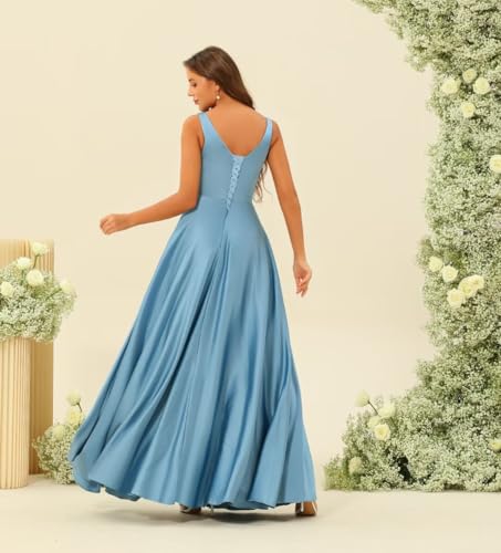 Stylefun Double V Neck Satin Bridesmaid Dresses for Women Long Ruffled Split A-line Formal Prom Dresses with Pocket CYM1852