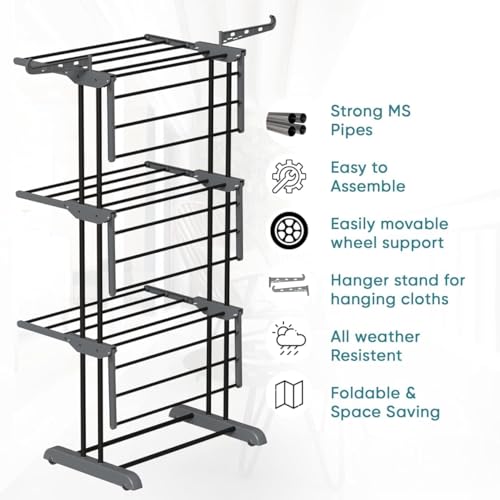 Image of TEKCOOL Foldable Cloth Drying Stand Stainless Steel - 3 Tier Heavy-Duty Clothes Dryer for Balcony, Indoor & Outdoor Use | with Wheels & Hanger Slots | Rust-Proof Laundry Rack (Grey, 3 TIRE):