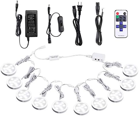 AIBOO Linkable Under Cabinet LED Lighting 12V Dimmable Puck Lights with Wireless RF Remote Control, Hardwired & Wall Plug in for Display Lighting(10 Lights, Daylight White)