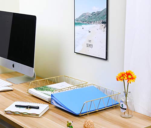 PAG Desktop File Organizer Metal Stackable Letter Tray Paper Holder Rack, 2 Pack, Gold - Thumbnail 6
