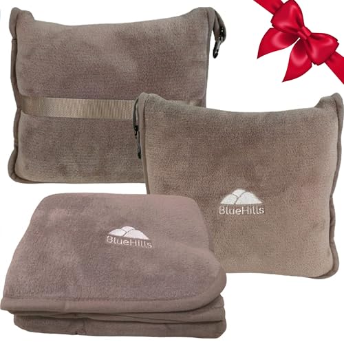 BlueHills Coperta da viaggio morbida di alta qualità con cuscino per aereo, coperta da viaggio in morbida borsa, con cintura e clip per zaino, confezione compatta, grande, colore: tortora T023