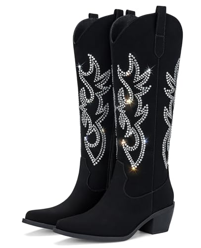 Image of Pasuot Western Cowboy Boots for Women - Knee High Wide Calf Cowgirl Boots, Slip On Pointed Toe Chunky Heel Fashion Retro Classic Pull On Tall Boot for ladies Party concert