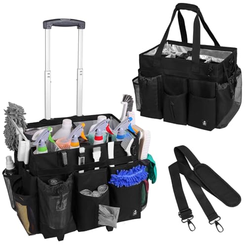 Timoxi Cleaning cart with Detachable, Foldable Trolley Rolling Cleaning Bag for Housekeeping Cleaning caddy with Adjustable Shoulder Strap and Multiple Storage Pockets (Black)