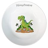 Kindergeschirr personalisiert - Frühstücksservice 3-tlg. Porzellan Teller Becher Schale personalisierbar mit Wunschname Name Namen personalisiert (Dinosaurier)