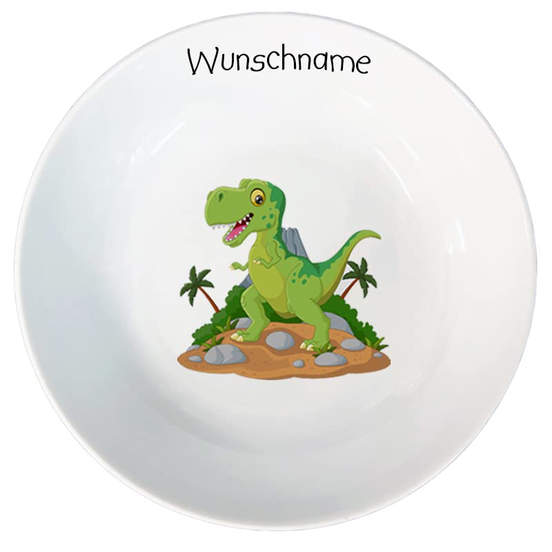 Kindergeschirr personalisiert - Frühstücksservice 3-tlg. Porzellan Teller Becher Schale personalisierbar mit Wunschname Name Namen personalisiert (Dinosaurier)