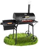 HECHT XXL Smoker Holzkohlegrill mit Side Fire Box – Grillwagen & Räucherofen aus Metall, 62 cm Grillfläche, Deckel Thermometer 0–43 °C, Warmhalterost & Ablage – BBQ Standgrill für Garten & Terrasse